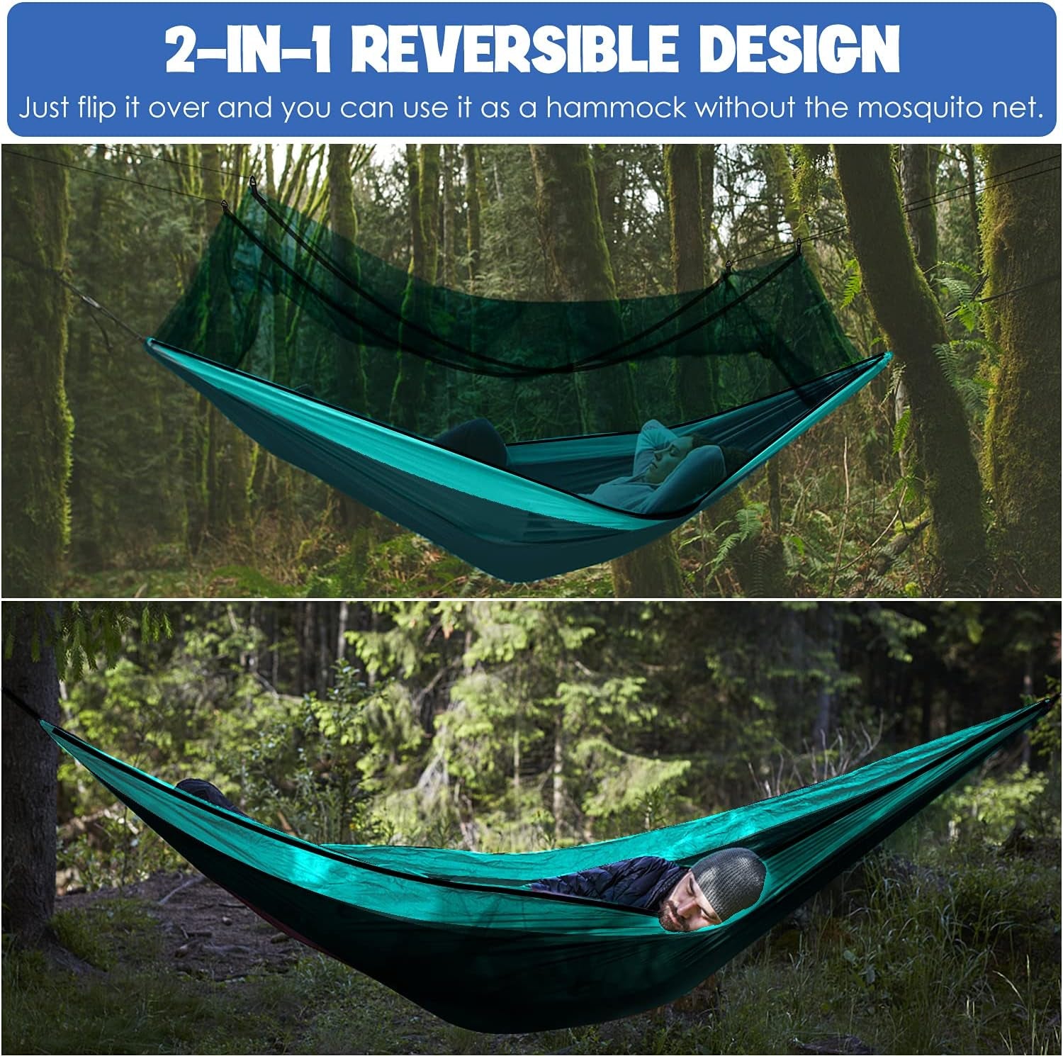 Camping Hammock - Camping Essentials, Double Hammock with Bug Net, Camping Gear Hammock for Outside, Hiking, and Travel (Turquoise & Seafoam)