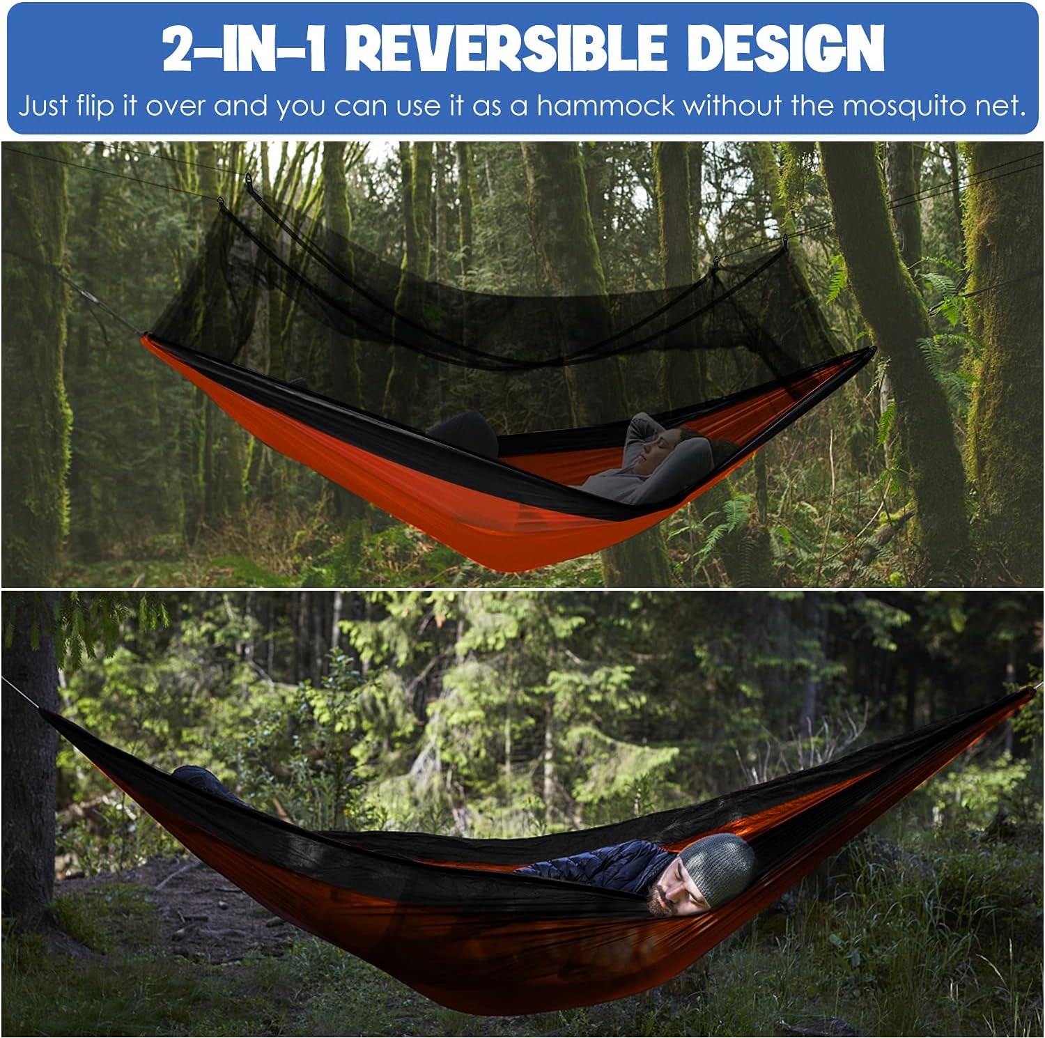 Camping Hammock - Camping Essentials, Double Hammock with Bug Net, Camping Gear Hammock for Outside, Hiking, and Travel (Orange & Black)
