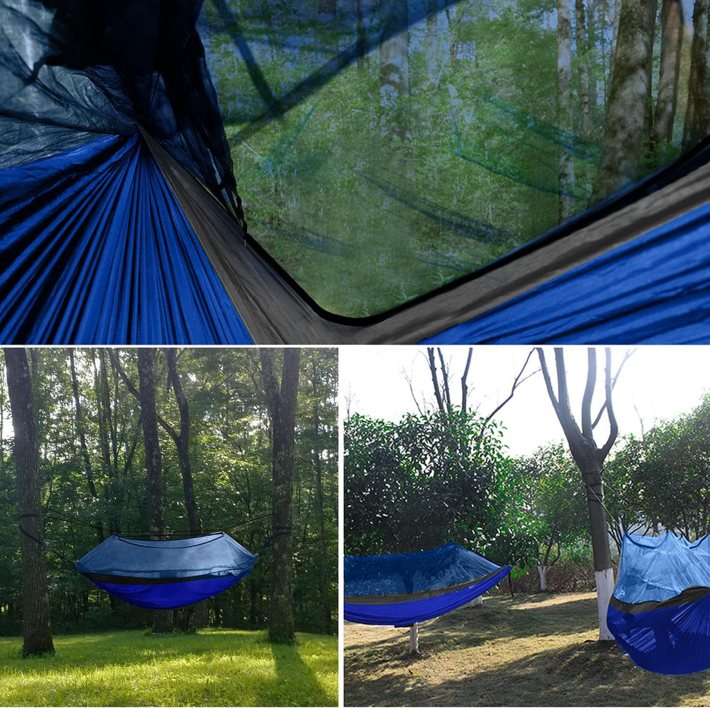 Camping Hammock - Camping Essentials, Double Hammock with Bug Net, Camping Gear Hammock for Outside, Hiking, and Travel (Blue & Gray)