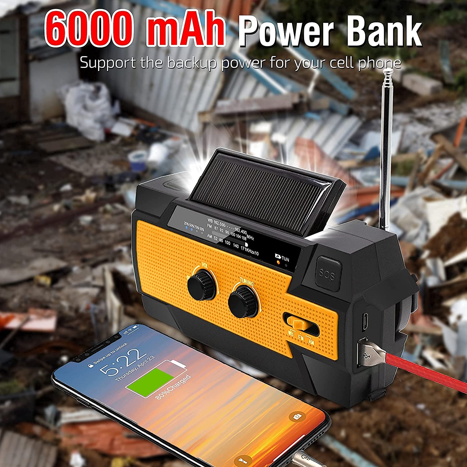 6000Mah Emergency Weather Radio, Solar Hand Crank Portable NOAA Weather Radio with 1W Flashlight & Motion Sensor Reading Lamp, Cell Phone Charger, and SOS Alarm, for Home and Emergency