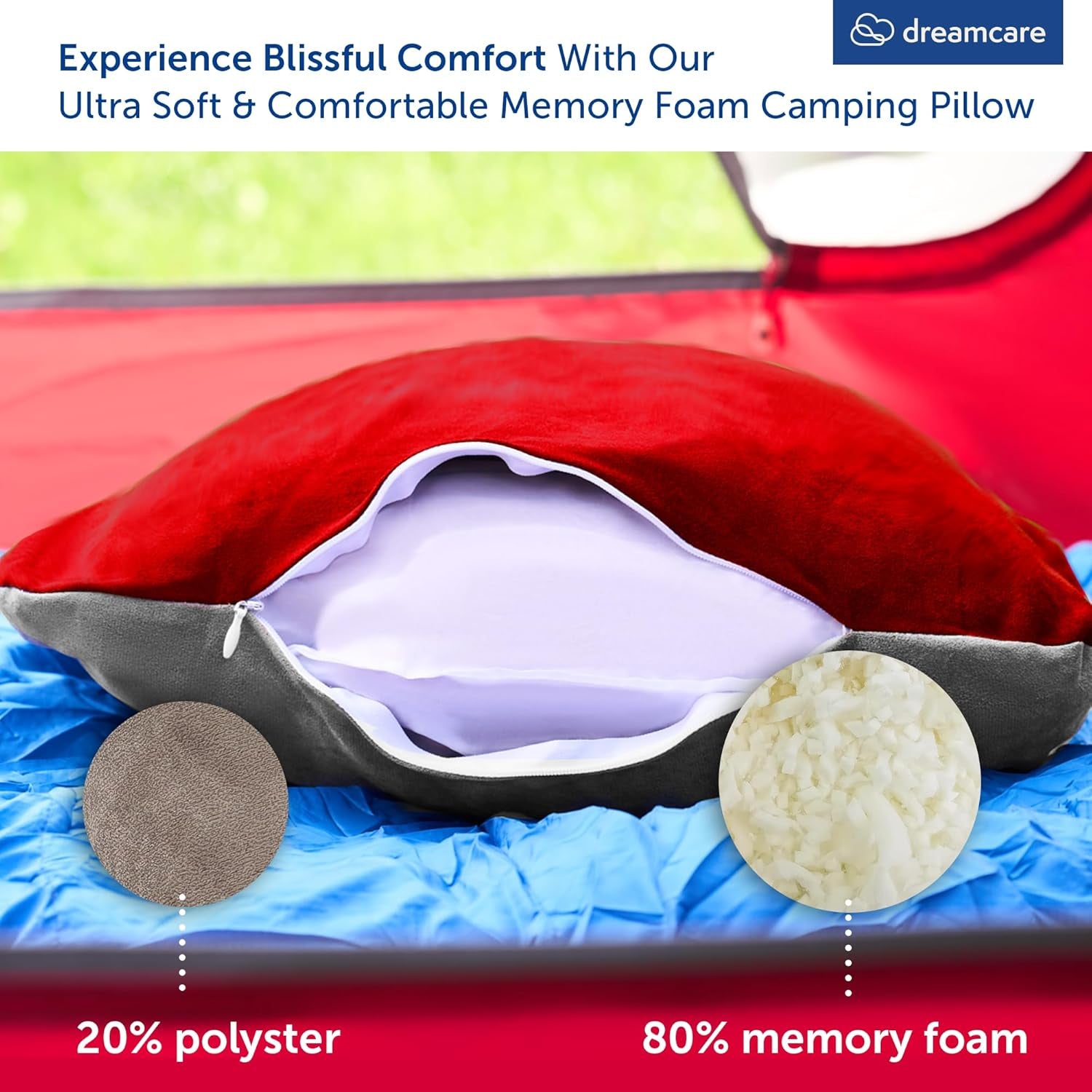 Camping Pillow, Memory Foam Travel Pillow, Camping Accessories - Small Pillow Camping Essentials Camping Pillows for Sleeping, Backpacking Pillow, Travel Pillows for Sleeping (Small,Red)