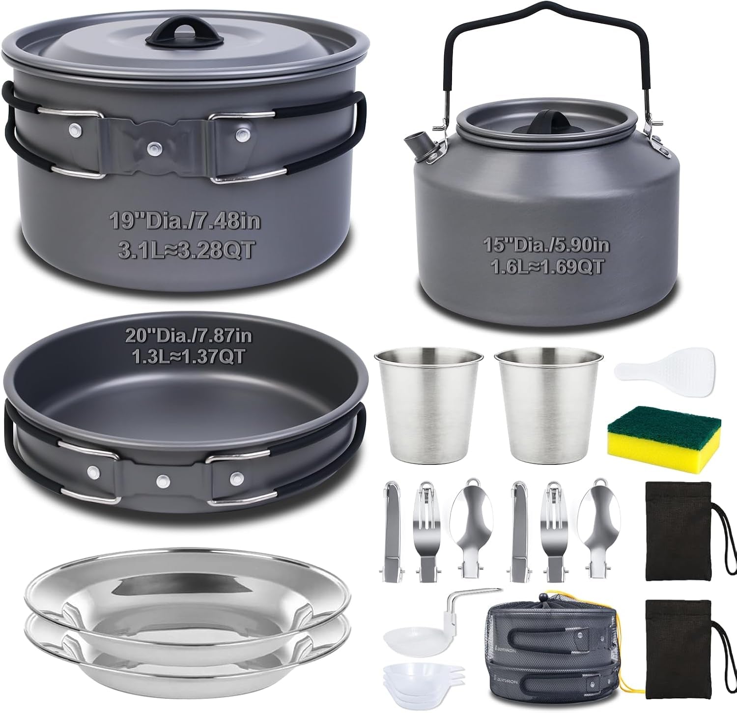 22-Piece Camping Cookware Set | Bare Hard-Anodized Aluminum Mess Kit with 3.1L Large Pot & 1.6L Camping Kettle | Uncoated Camping Kitchen Supplies & Backpacking Camping Kit