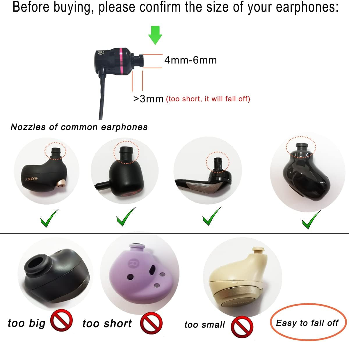 Sports Earbuds Tips Replacement Ear Fins Wingtips Noise Isolation Replacement Eartips Adapters for in Ear Earphones 4Mm to 6Mm Nozzle Attachment 3 Pairs Left & Right, Balck
