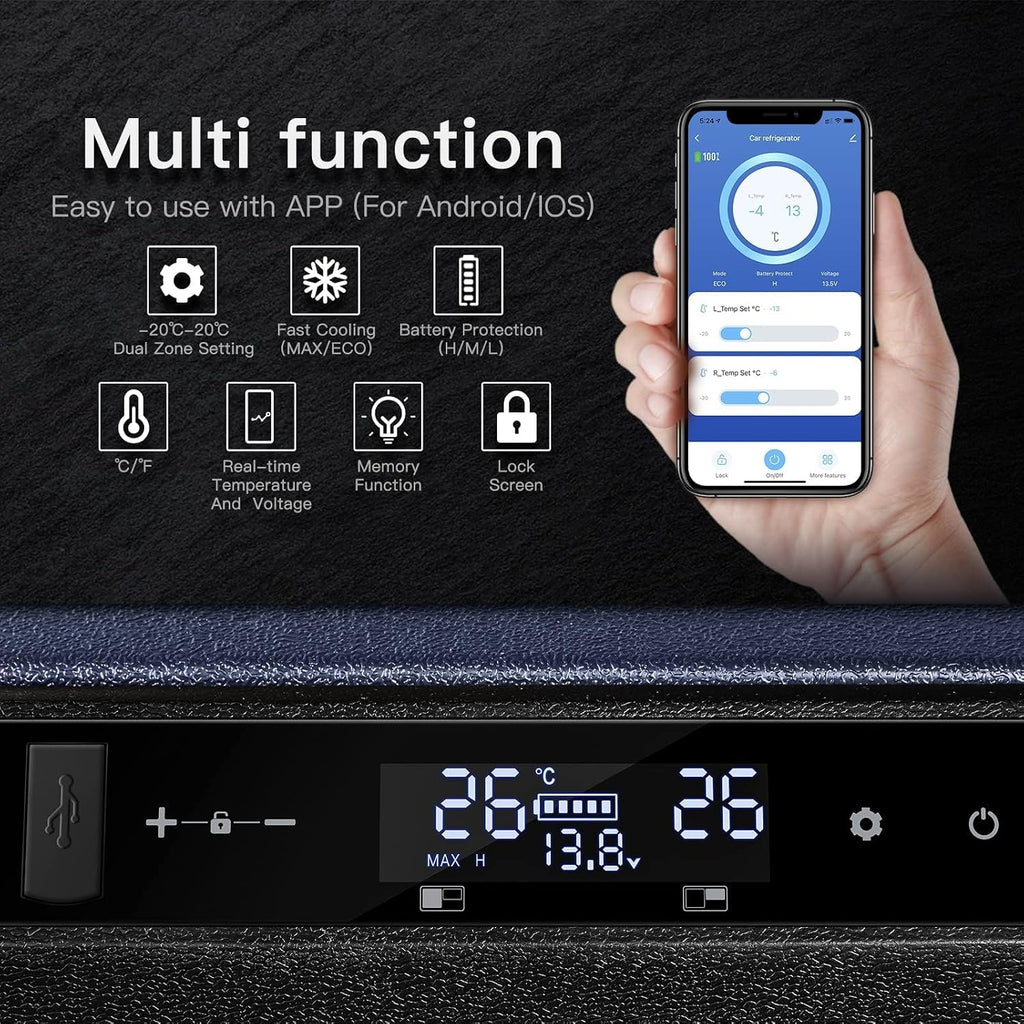 COOLER 12 Volt Car Refrigerator, Portable Freezer, Car Fridge Dual Zone WIFI APP Control, 80 Quart(75L) -4℉-68℉Car Cooler, 12/24V DC and 100-240V AC, for Camping, Travel, RV, Outdoor