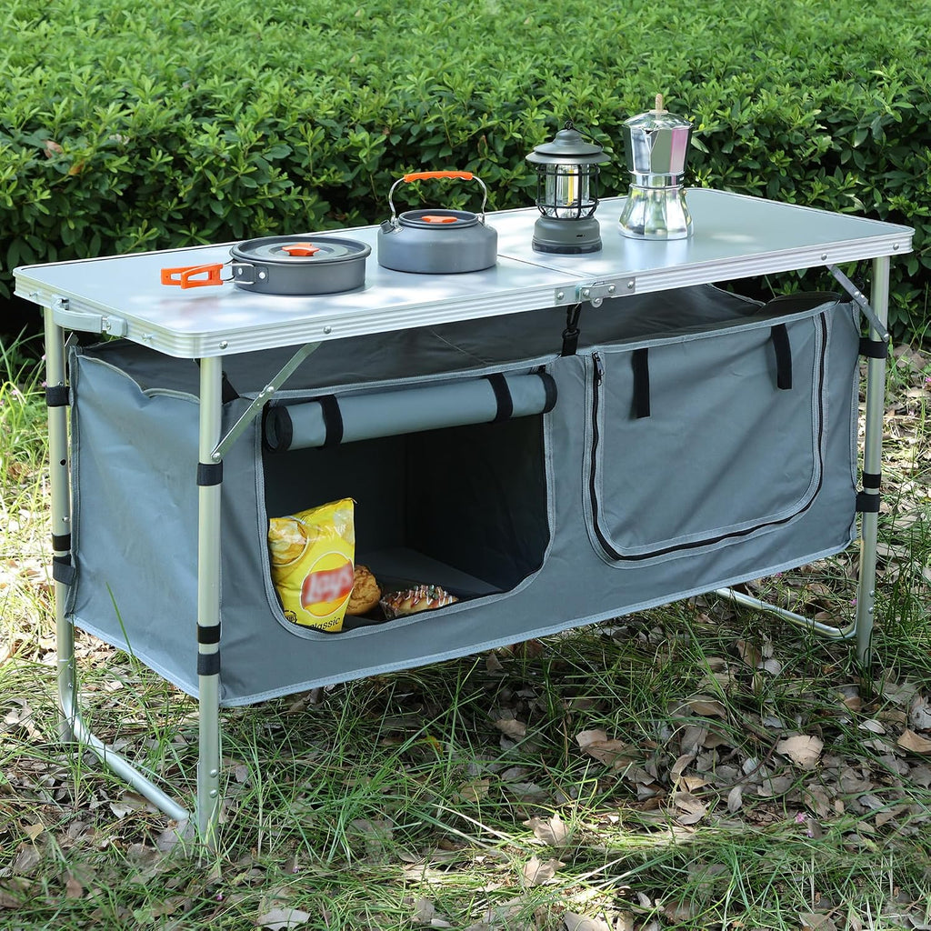 Camping Table, Folding Camping Table with Storage, Portable Kitchen Table, Lightweight, 3 Heights Adjustable Camping Furniture for BBQ, Picnic, Camping, Hiking, Beach, and Indoor