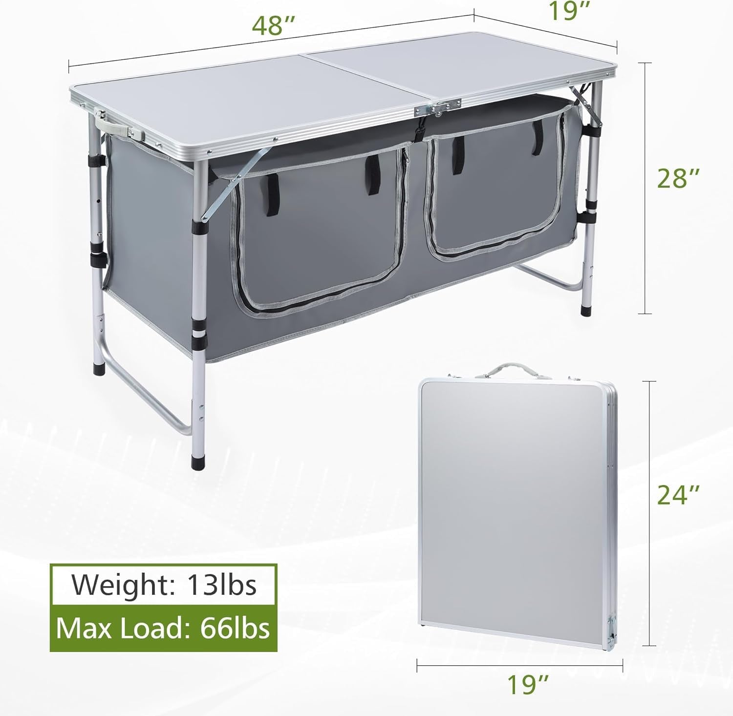 Camping Table, Folding Camping Table with Storage, Portable Kitchen Table, Lightweight, 3 Heights Adjustable Camping Furniture for BBQ, Picnic, Camping, Hiking, Beach, and Indoor