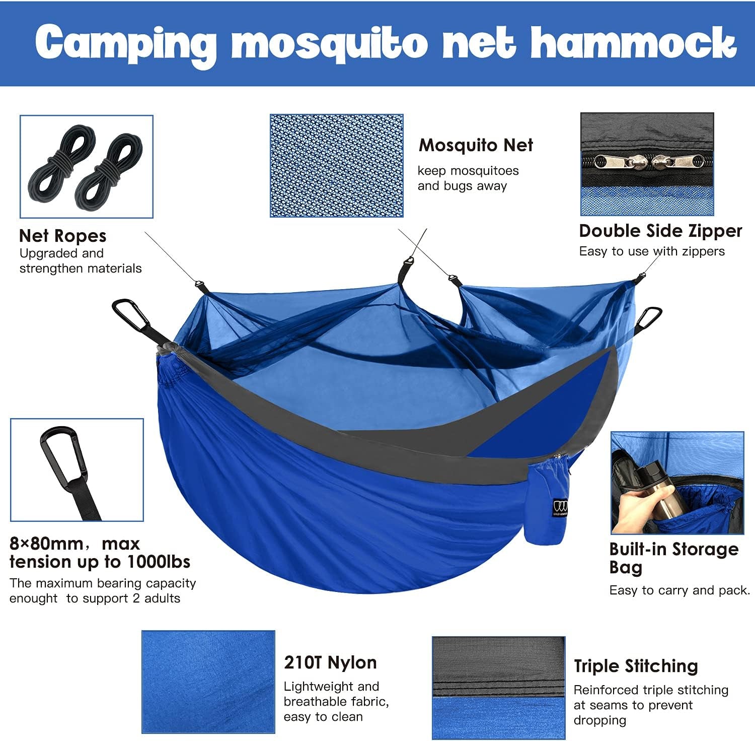 Camping Hammock - Camping Essentials, Double Hammock with Bug Net, Camping Gear Hammock for Outside, Hiking, and Travel (Blue & Gray)