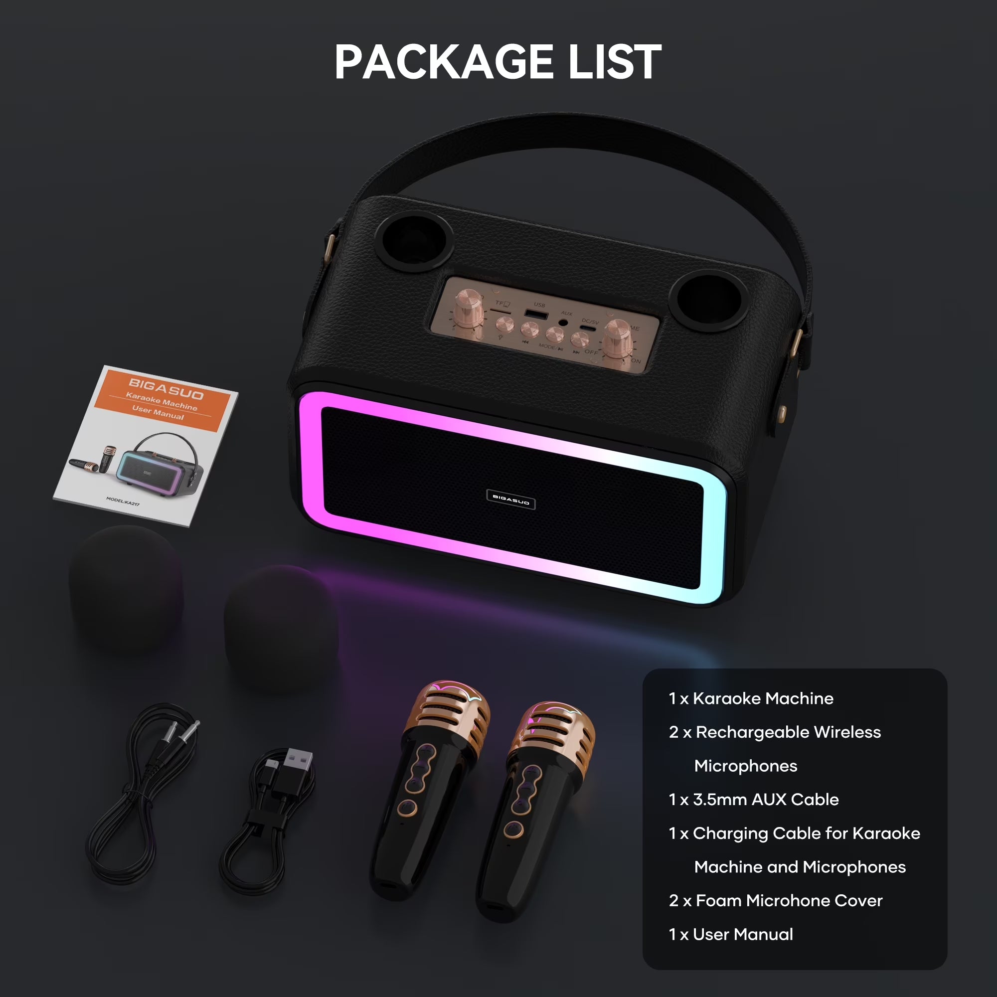 Karaoke Machine with 2 UHF Wireless Microphone, Portable Bluetooth Karaoke with RGB Colorful Light, Reverb Adjustment, PA System Singing Machine Party Karaoke Speaker