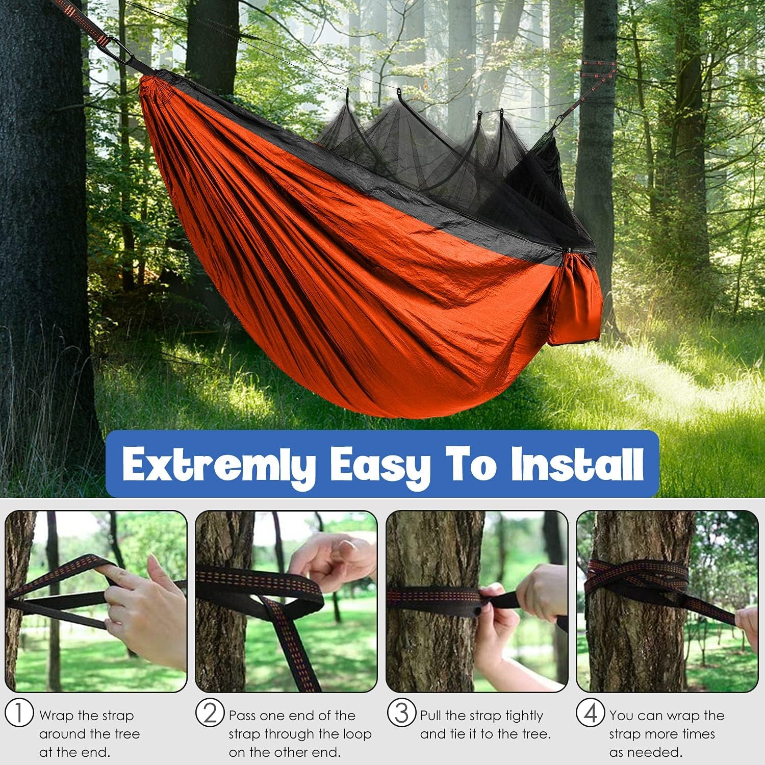 Camping Hammock - Camping Essentials, Double Hammock with Bug Net, Camping Gear Hammock for Outside, Hiking, and Travel (Orange & Black)