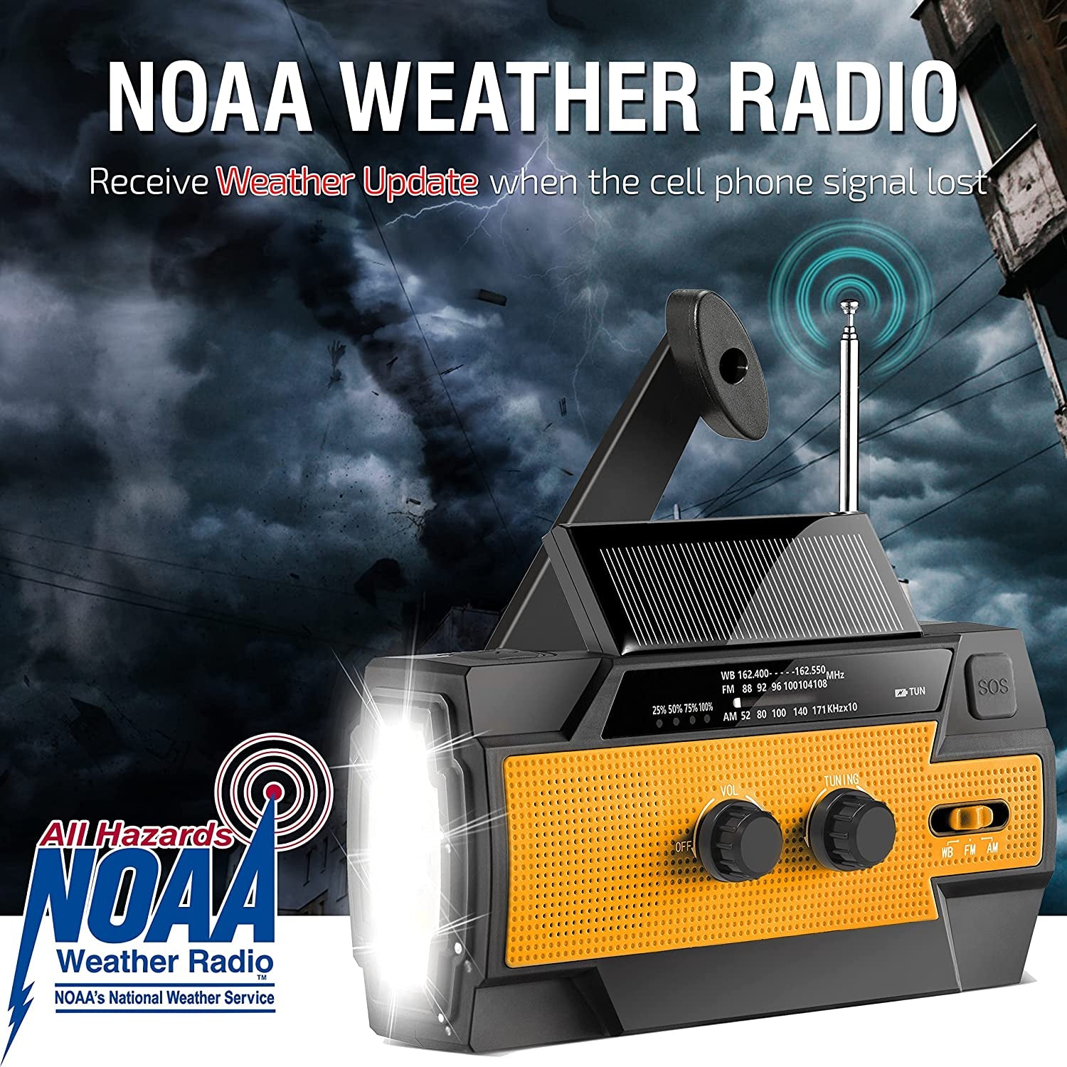 6000Mah Emergency Weather Radio, Solar Hand Crank Portable NOAA Weather Radio with 1W Flashlight & Motion Sensor Reading Lamp, Cell Phone Charger, and SOS Alarm, for Home and Emergency