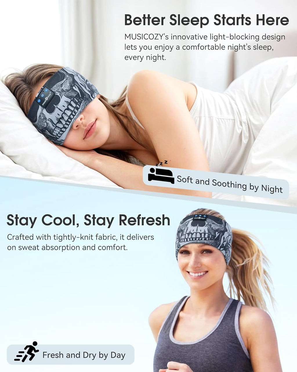 Sleep Headphones Bluetooth Headband, Wireless Sleeping Headphones Music Sport Headbands, Long Time Play Sleeping Headsets Built-In Thin Speakers, Skulls Design for Sleeping Yoga