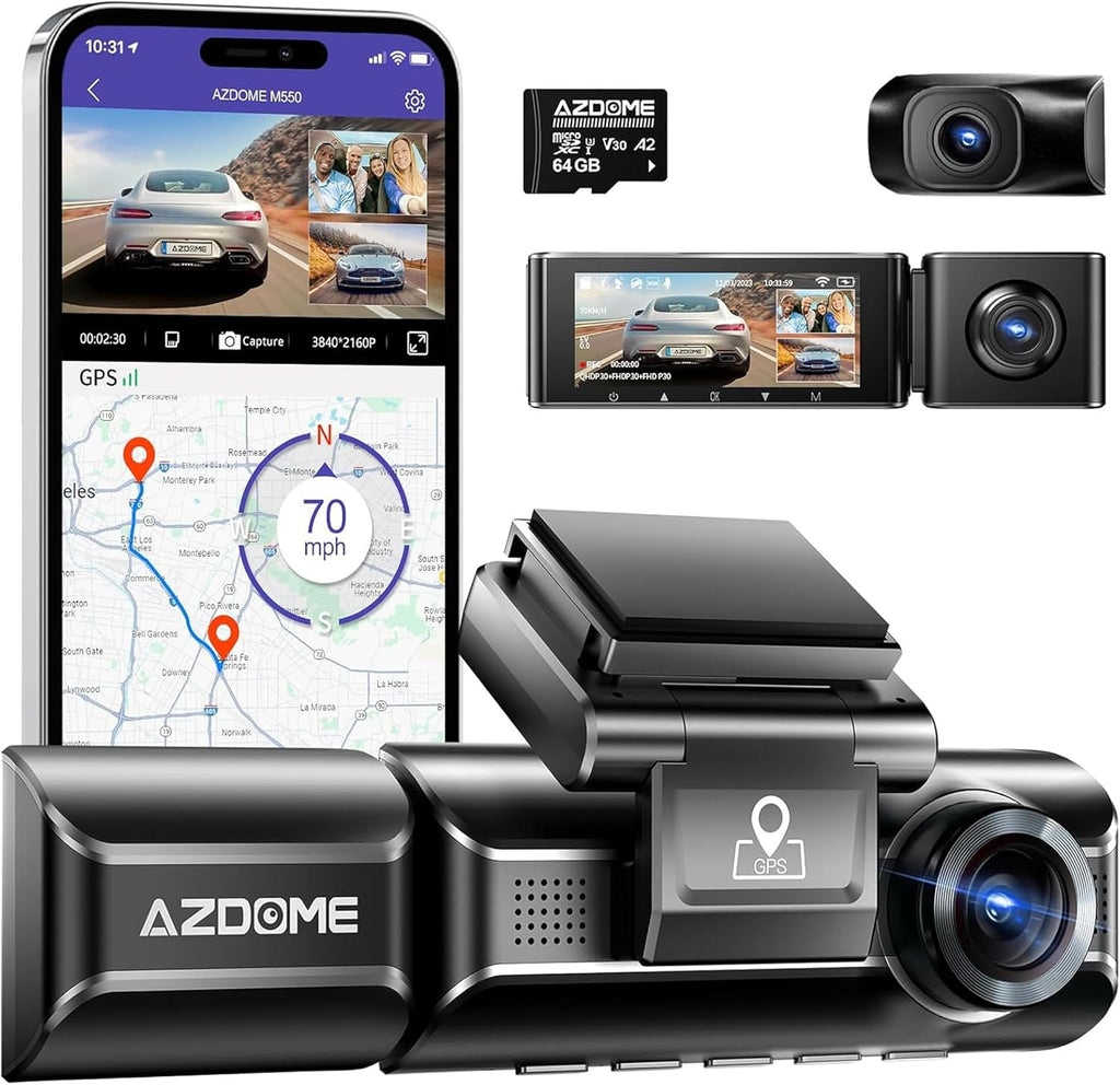 M550 3CH Dash Cam 4K - 3.19" Screen IR Night Vision - 24H Parking Mode - 3-Channel Dash Cam - Interior IR Camera - Built-In GPS & Wifi - Three-Mode Parking Monitor