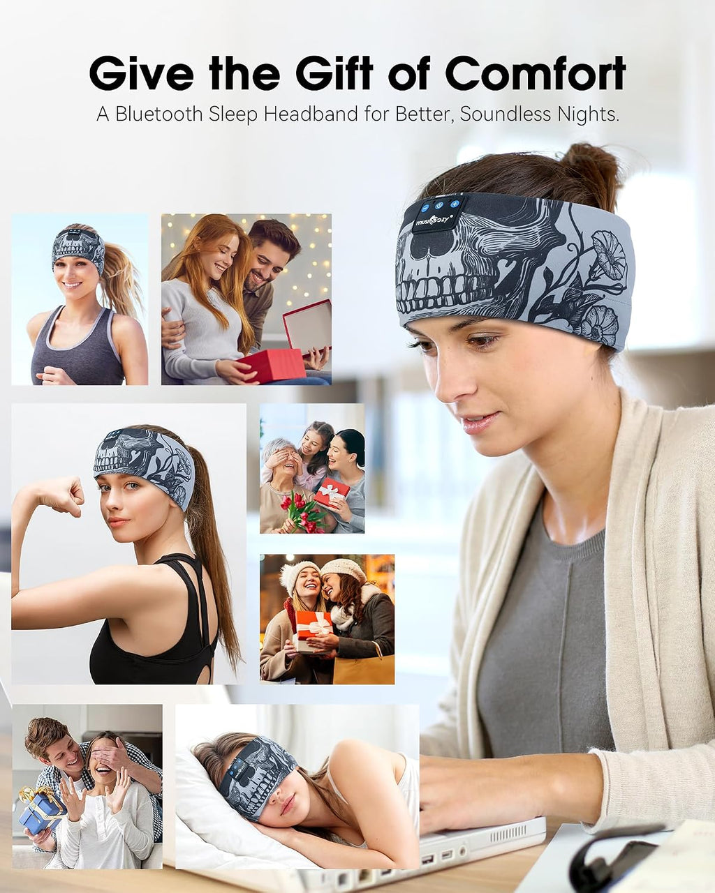Sleep Headphones Bluetooth Headband, Wireless Sleeping Headphones Music Sport Headbands, Long Time Play Sleeping Headsets Built-In Thin Speakers, Skulls Design for Sleeping Yoga