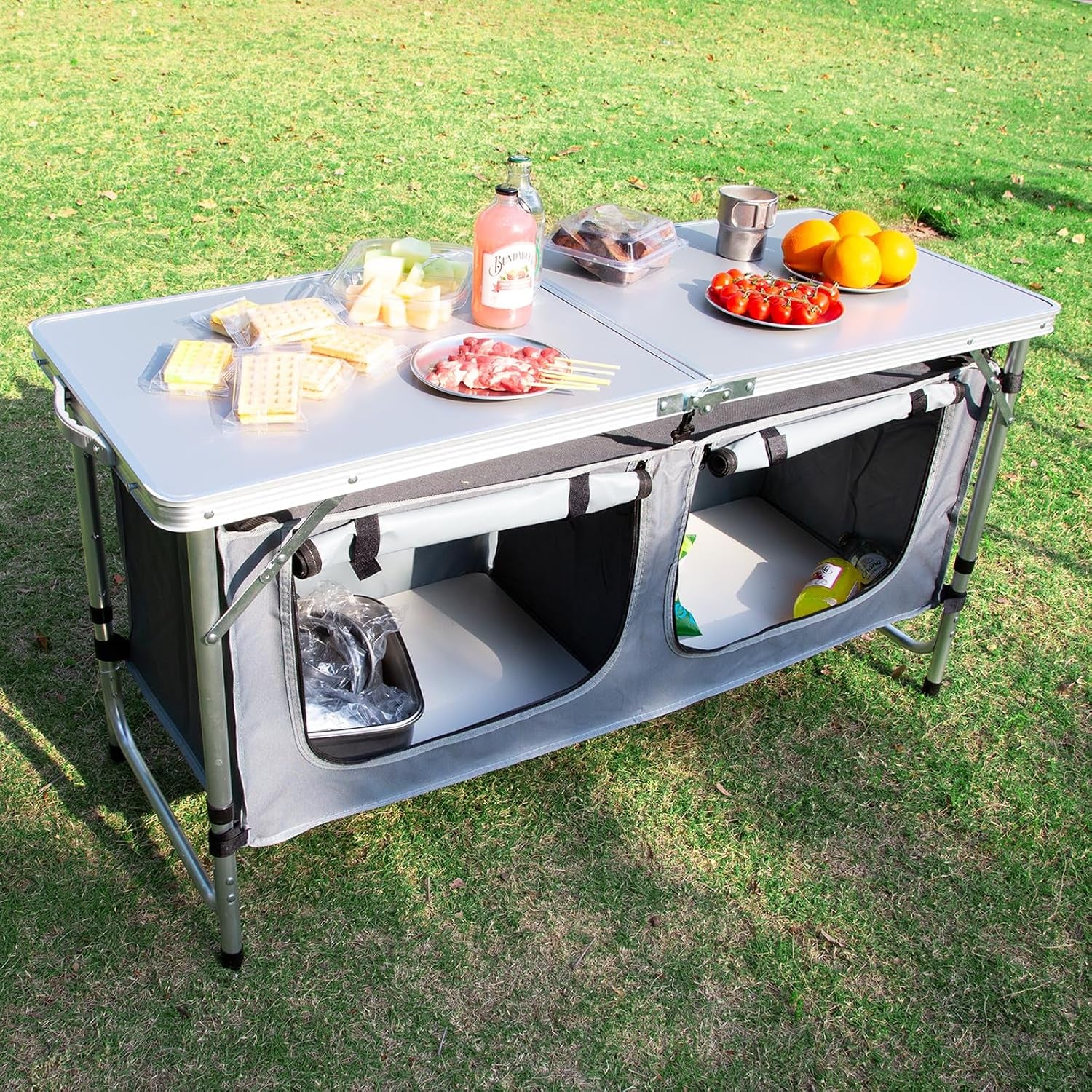 Camping Table, Folding Camping Table with Storage, Portable Kitchen Table, Lightweight, 3 Heights Adjustable Camping Furniture for BBQ, Picnic, Camping, Hiking, Beach, and Indoor