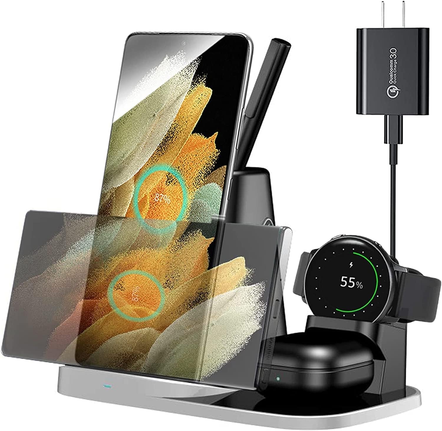 Wireless Charger 4 in 1 Qi Fast Charging Station for Multiple Devices Samsung Android Galaxy Watch 4/3,Active2,Gear S2/S3 Classic,Galaxy Buds/+/Live,Samsung S23/S22/S21/S21 Ultra/S20/S10/S7/Z Fold 3