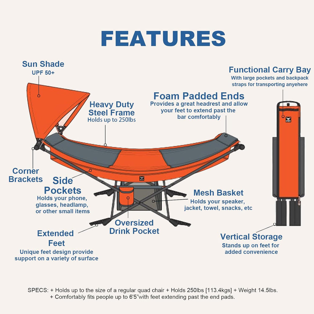 Portable Hammock with Stand, World'S Best Mock ONE® Hammock, Compact Folding Framed Hammock with Adjustable Sunshade Canopy for Park, Backyard, Garden, Camping, Hiking, Mountaineering, Beaches- Blue