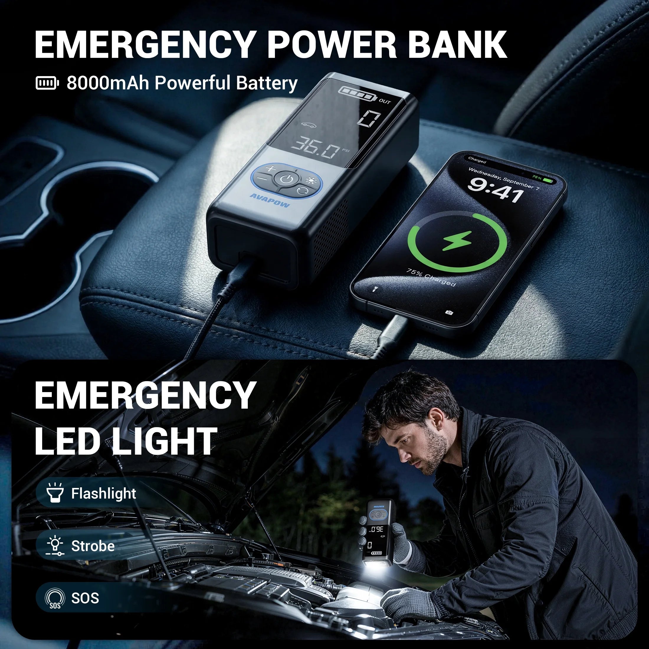 Cordless Tire Inflator Portable Air Compressor, Air Pump with Auto Shutoff, LED Light and Digital Pressure Gauge, 150PSI, 8000Mah Long Range Battery, Electric Pump for Car/Bike/Motorcycle/Ball