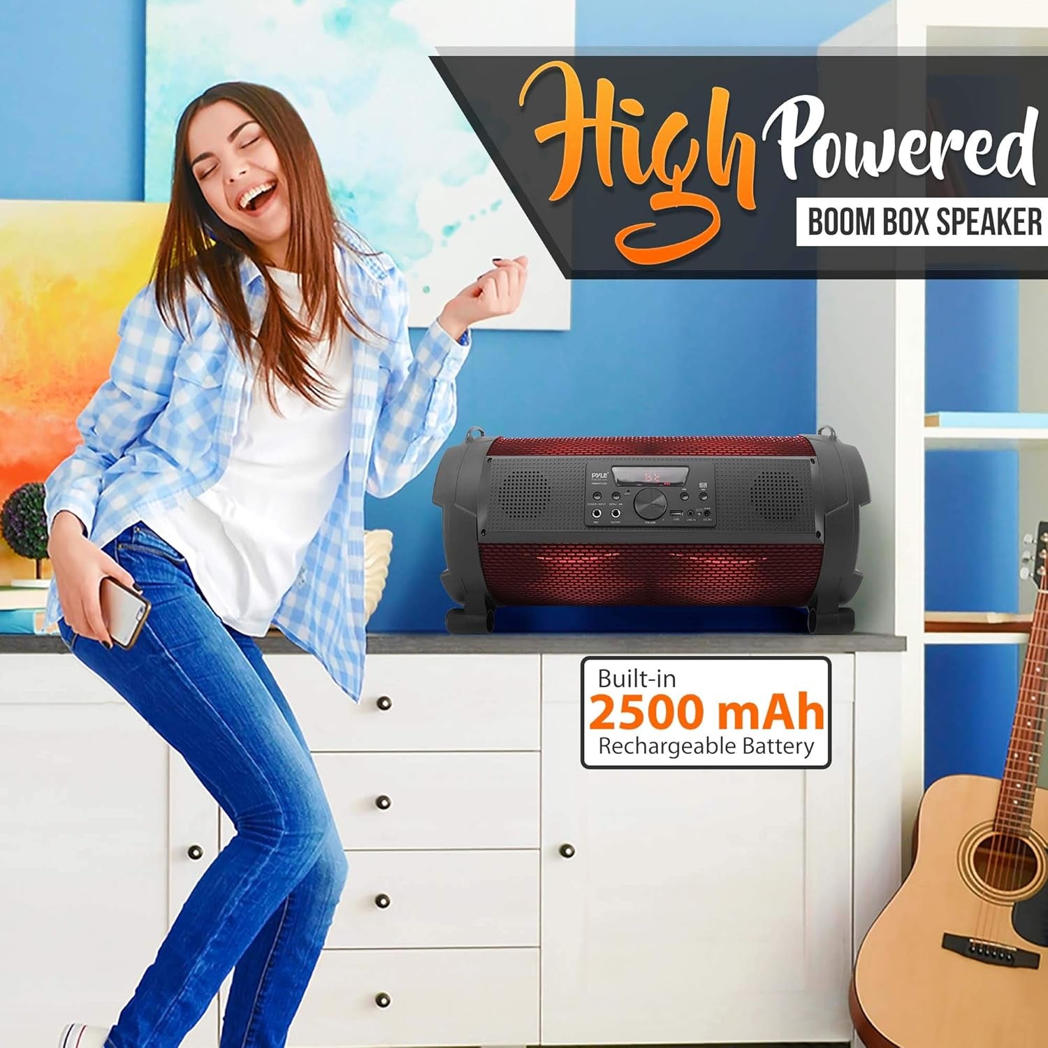 Wireless Portable Bluetooth Boombox Speaker - 500W 2.1Ch Rechargeable Boom Box Speaker Portable Barrel Loud Stereo System with Flashing LED, Digital LCD Display, AUX, USB, 1/4" Mic IN