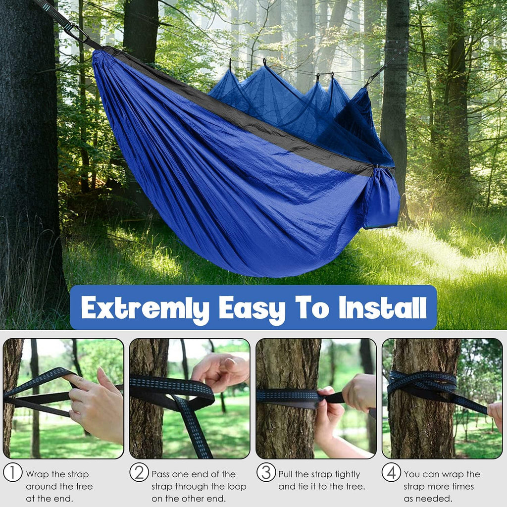 Camping Hammock - Camping Essentials, Double Hammock with Bug Net, Camping Gear Hammock for Outside, Hiking, and Travel (Blue & Gray)