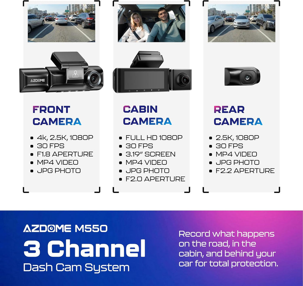 M550 3CH Dash Cam 4K - 3.19" Screen IR Night Vision - 24H Parking Mode - 3-Channel Dash Cam - Interior IR Camera - Built-In GPS & Wifi - Three-Mode Parking Monitor