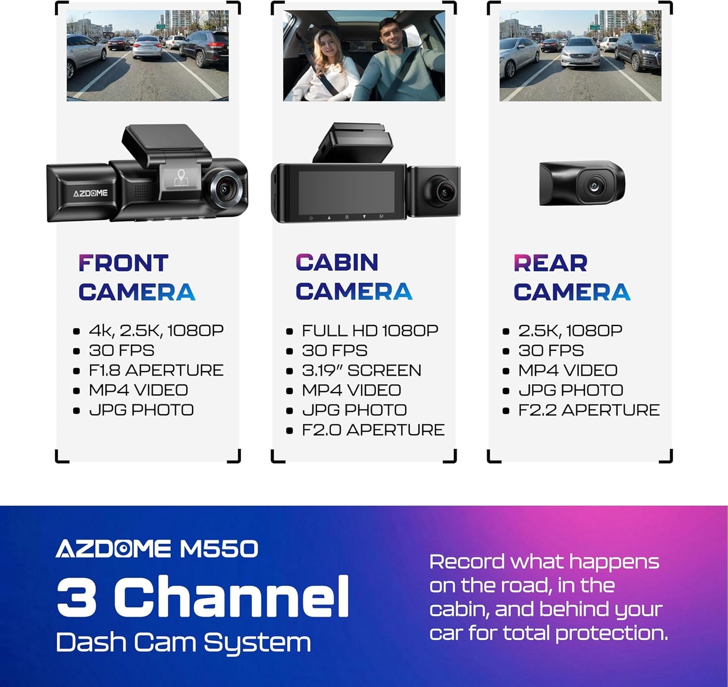M550 3CH Dash Cam 4K - 3.19" Screen IR Night Vision - 24H Parking Mode - 3-Channel Dash Cam - Interior IR Camera - Built-In GPS & Wifi - Three-Mode Parking Monitor