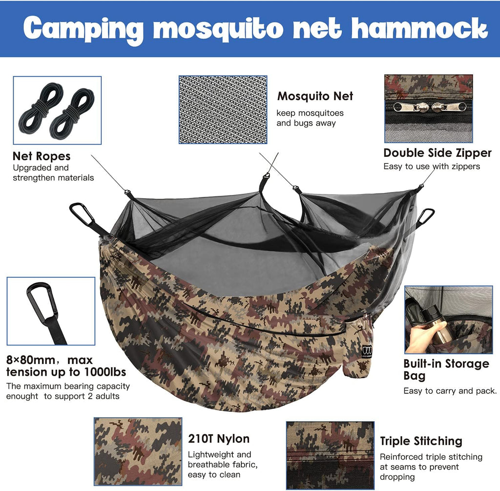 Camping Hammock - Camping Essentials, Double Hammock with Bug Net, Camping Gear Hammock for Outside, Hiking, and Travel (Camouflage)
