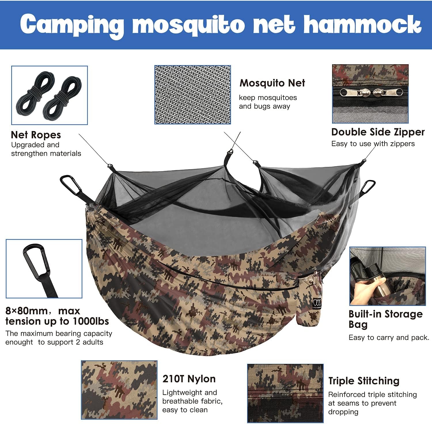 Camping Hammock - Camping Essentials, Double Hammock with Bug Net, Camping Gear Hammock for Outside, Hiking, and Travel (Camouflage)