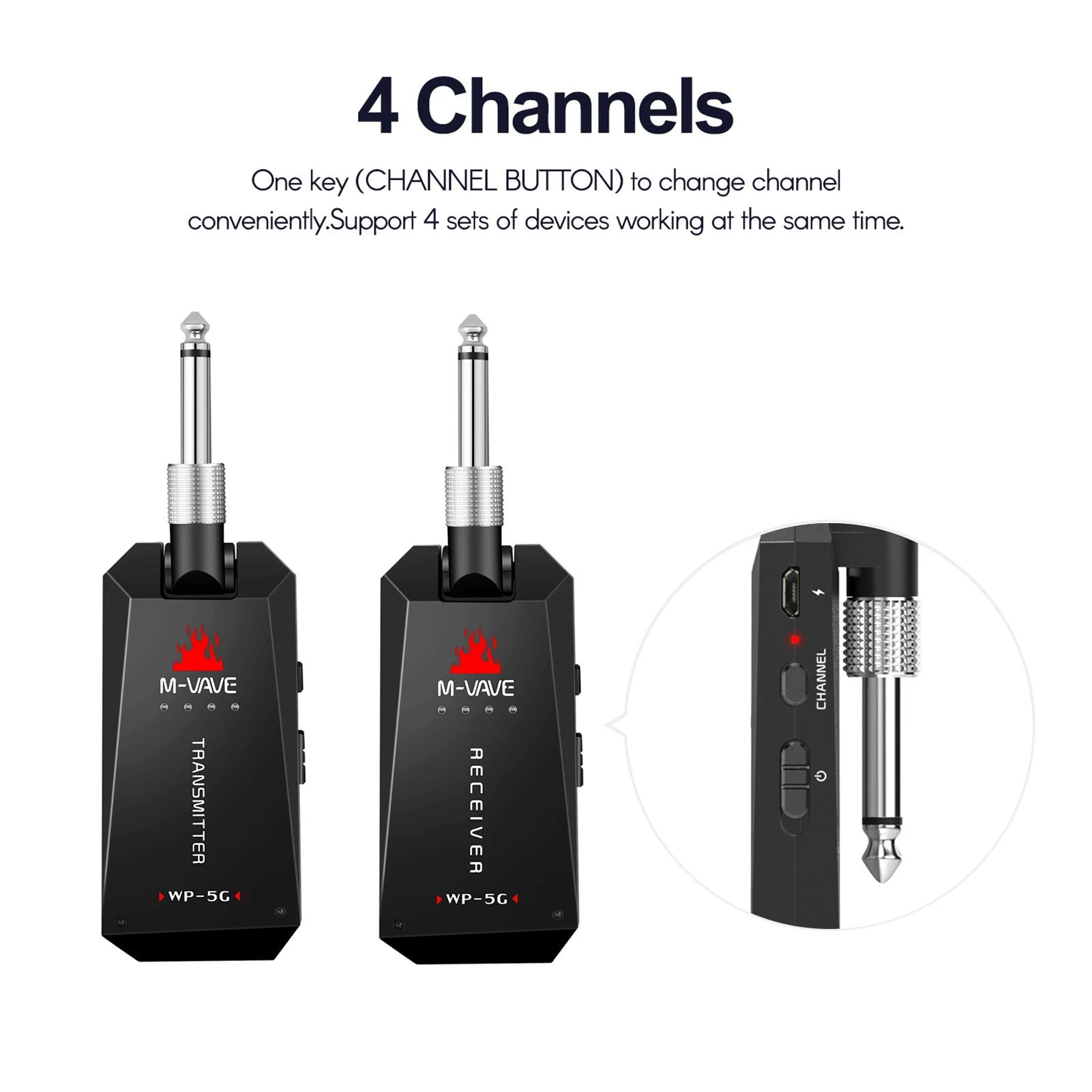 WP-5G 5.8G Wireless Guitar System Rechargeable Audio Transmitter Receiver Guitar Amplifier Guitar Accessory Type-C Cable