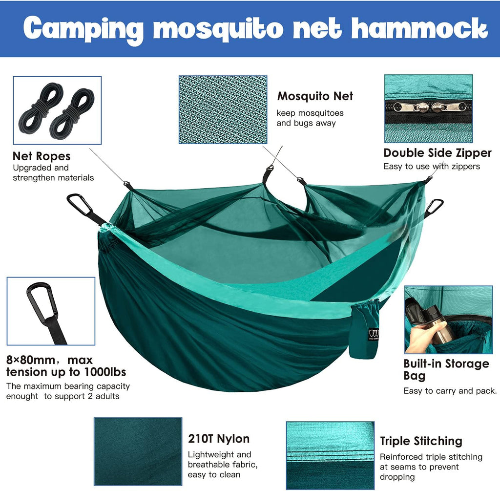Camping Hammock - Camping Essentials, Double Hammock with Bug Net, Camping Gear Hammock for Outside, Hiking, and Travel (Turquoise & Seafoam)