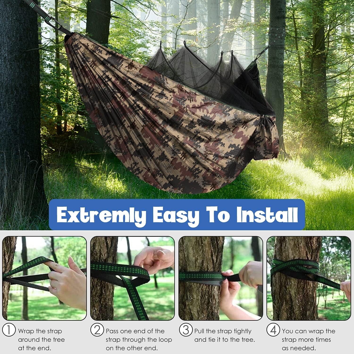 Camping Hammock - Camping Essentials, Double Hammock with Bug Net, Camping Gear Hammock for Outside, Hiking, and Travel (Camouflage)