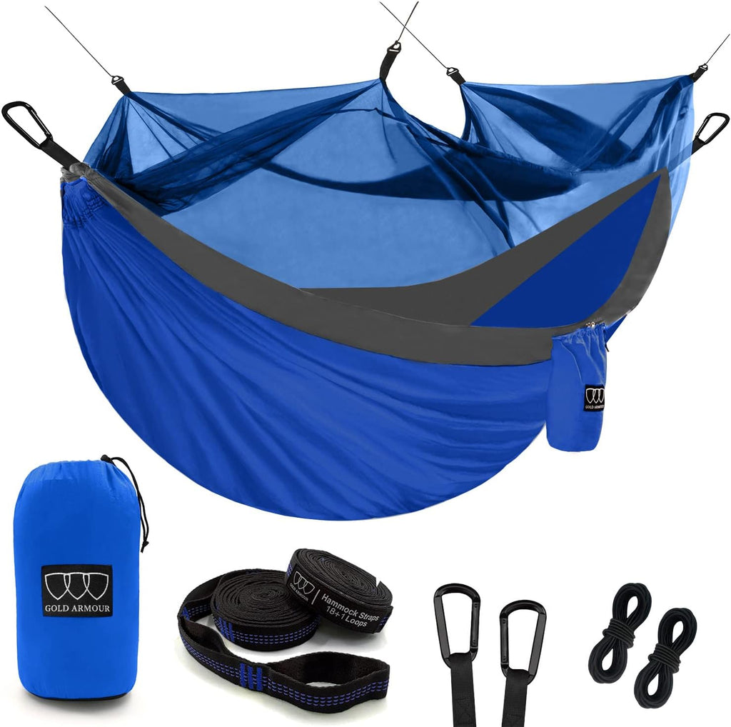 Camping Hammock - Camping Essentials, Double Hammock with Bug Net, Camping Gear Hammock for Outside, Hiking, and Travel (Blue & Gray)