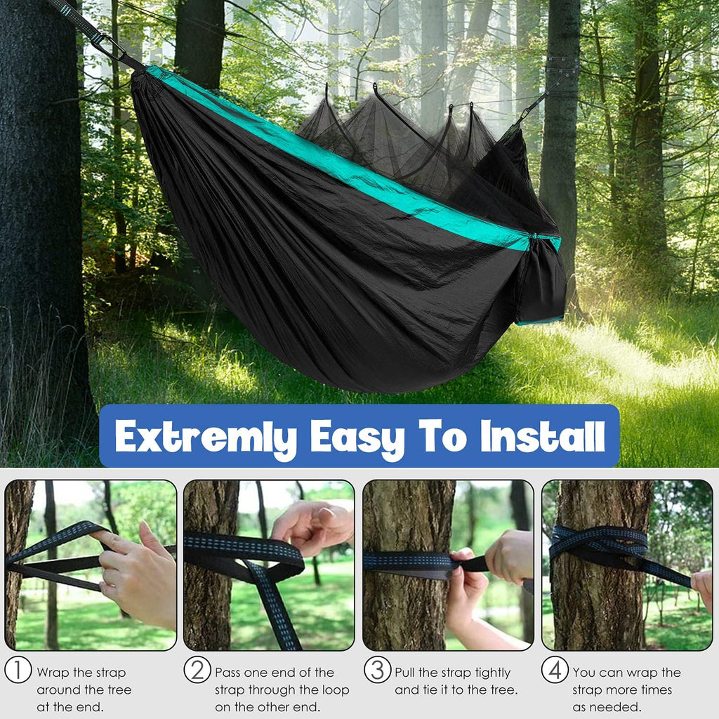 Camping Hammock - Camping Essentials, Double Hammock with Bug Net, Camping Gear Hammock for Outside, Hiking, and Travel (Black & Seafoam)