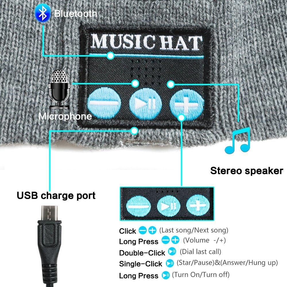 Wireless Bluetooth Beanie,Unisex Outdoor Sport Knit Hat with Stereo Speakers & Microphone