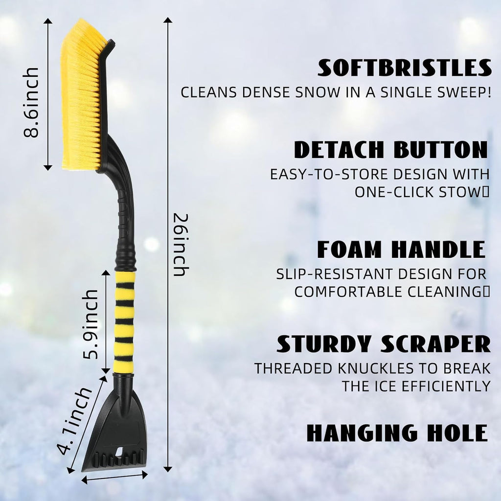 4 Pieces 27 Inch Snow Brush and Detachable Ice Scrapers for Car Windshield Automotive Snow Removal with Comfortable Foam Grip Winter Car Accessories for Cars, Trucks, Suvs(Yellow)