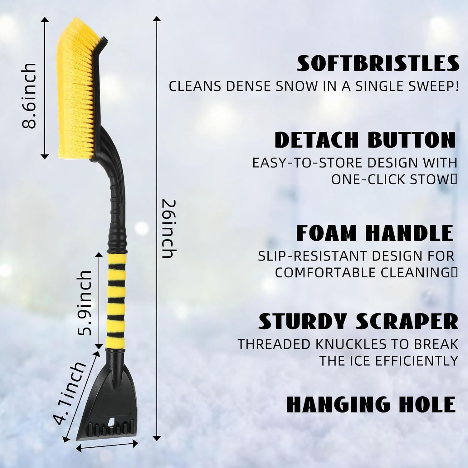 4 Pieces 27 Inch Snow Brush and Detachable Ice Scrapers for Car Windshield Automotive Snow Removal with Comfortable Foam Grip Winter Car Accessories for Cars, Trucks, Suvs(Yellow)