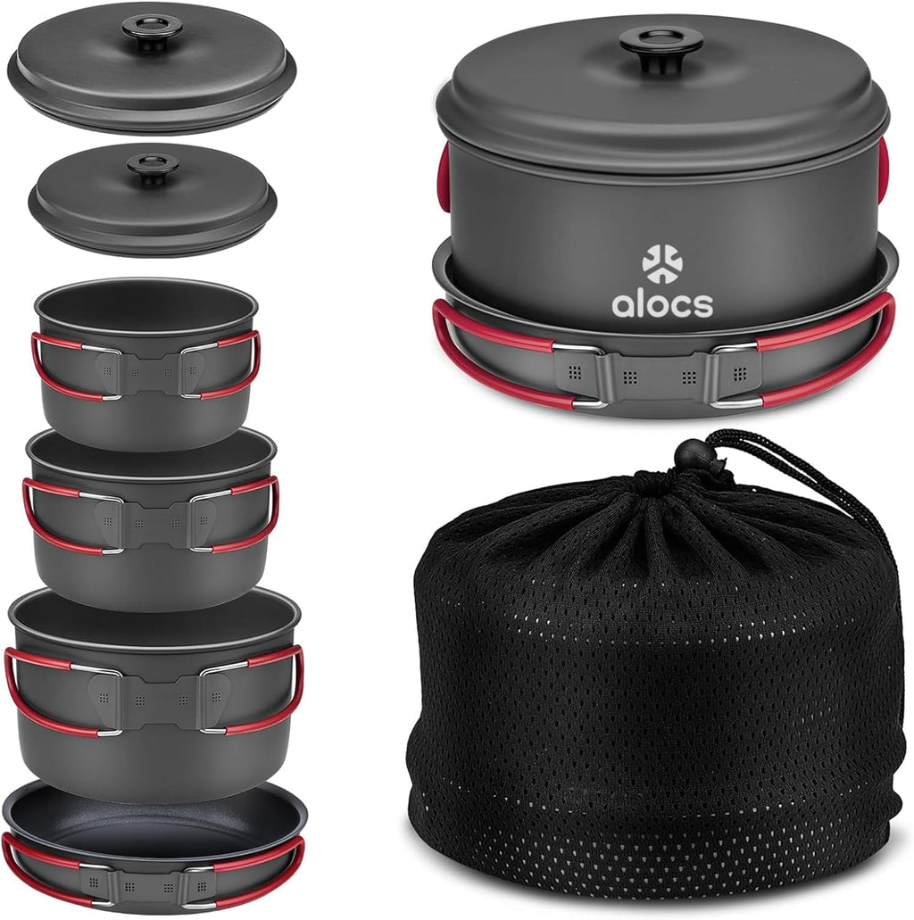 Camping Cookware Set Camping Gear, Compact Camping Pots and Pans Set, Durable Hard Alumina Camping Cooking Set for Outdoor Backpacking Camping Hiking Picnic, Included Mesh Carry Bag
