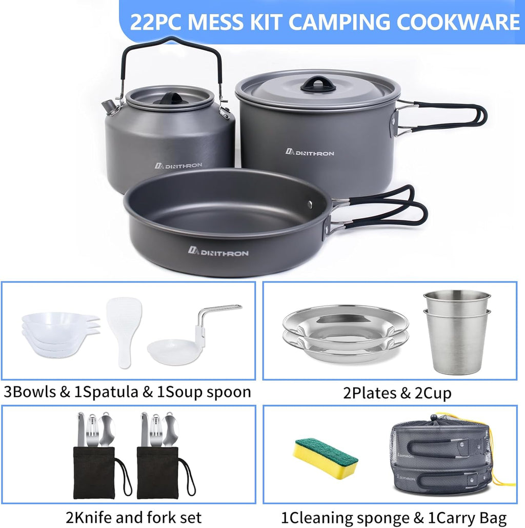 22-Piece Camping Cookware Set | Bare Hard-Anodized Aluminum Mess Kit with 3.1L Large Pot & 1.6L Camping Kettle | Uncoated Camping Kitchen Supplies & Backpacking Camping Kit
