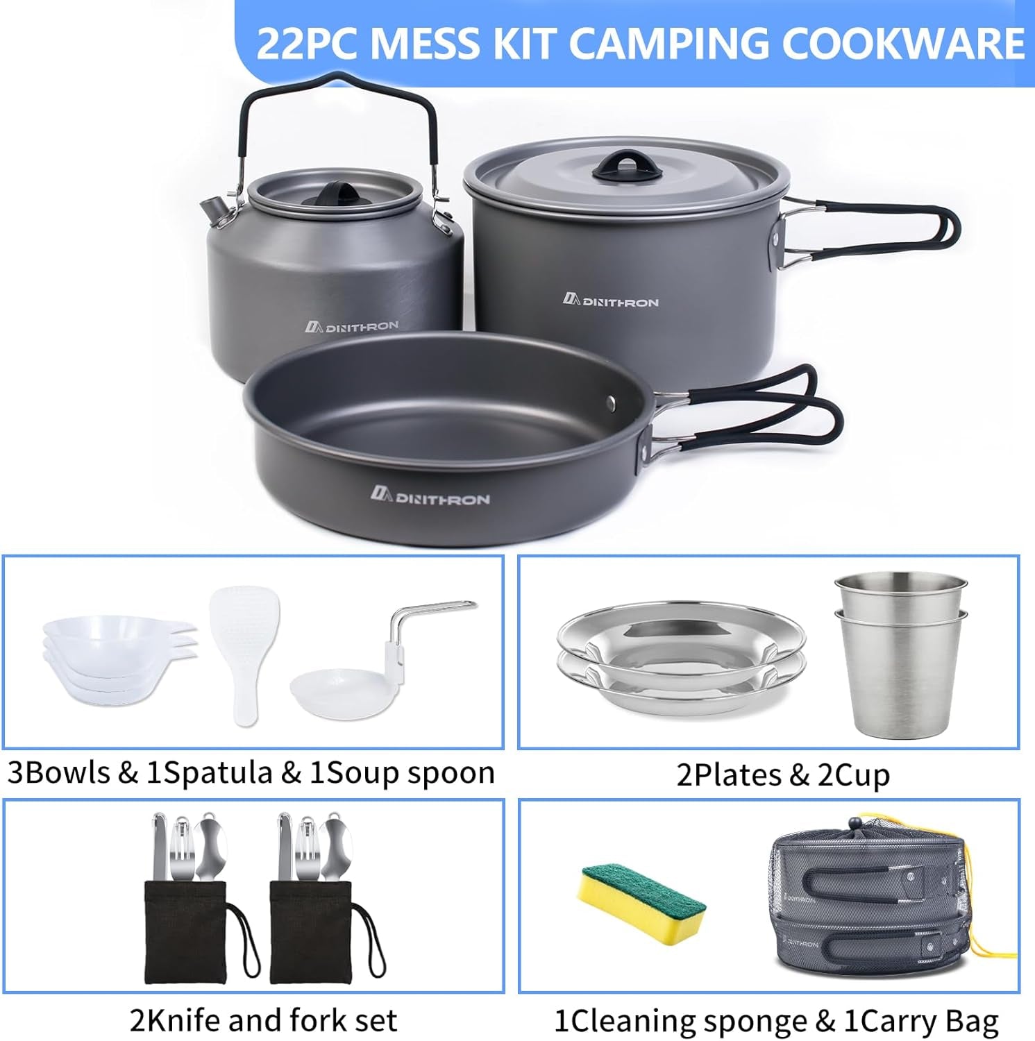 22-Piece Camping Cookware Set | Bare Hard-Anodized Aluminum Mess Kit with 3.1L Large Pot & 1.6L Camping Kettle | Uncoated Camping Kitchen Supplies & Backpacking Camping Kit