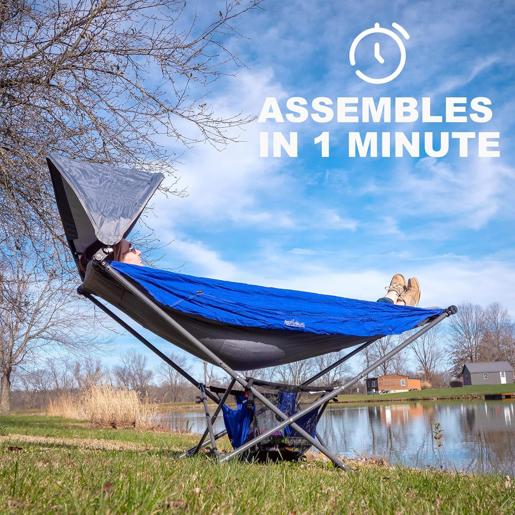 Portable Hammock with Stand, World'S Best Mock ONE® Hammock, Compact Folding Framed Hammock with Adjustable Sunshade Canopy for Park, Backyard, Garden, Camping, Hiking, Mountaineering, Beaches- Blue