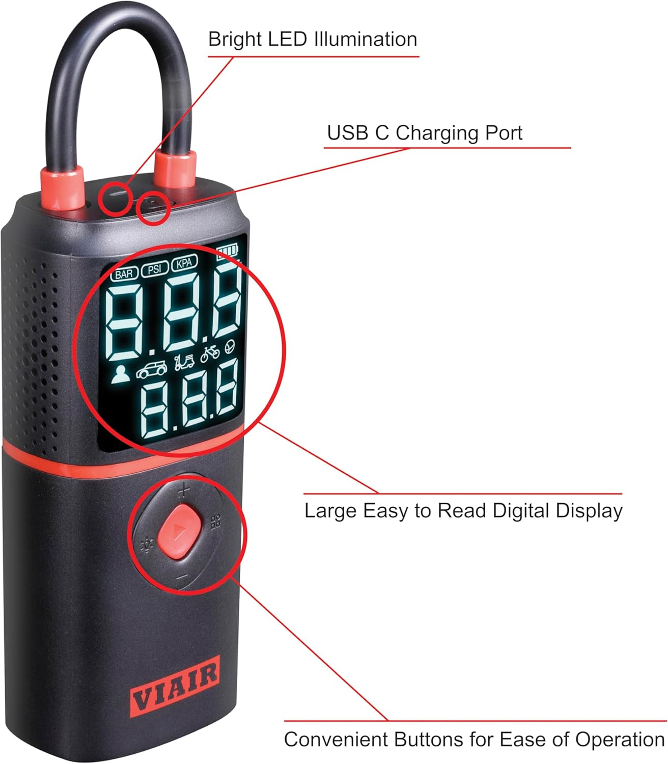 EVC - Every Vehicle Carry™ Rechargeable Tire Inflator Portable Air Compressor with LED Light, Electric Air Pump for Cars, Bicycles, Motorcycles, Digital LED Display with Preset Function
