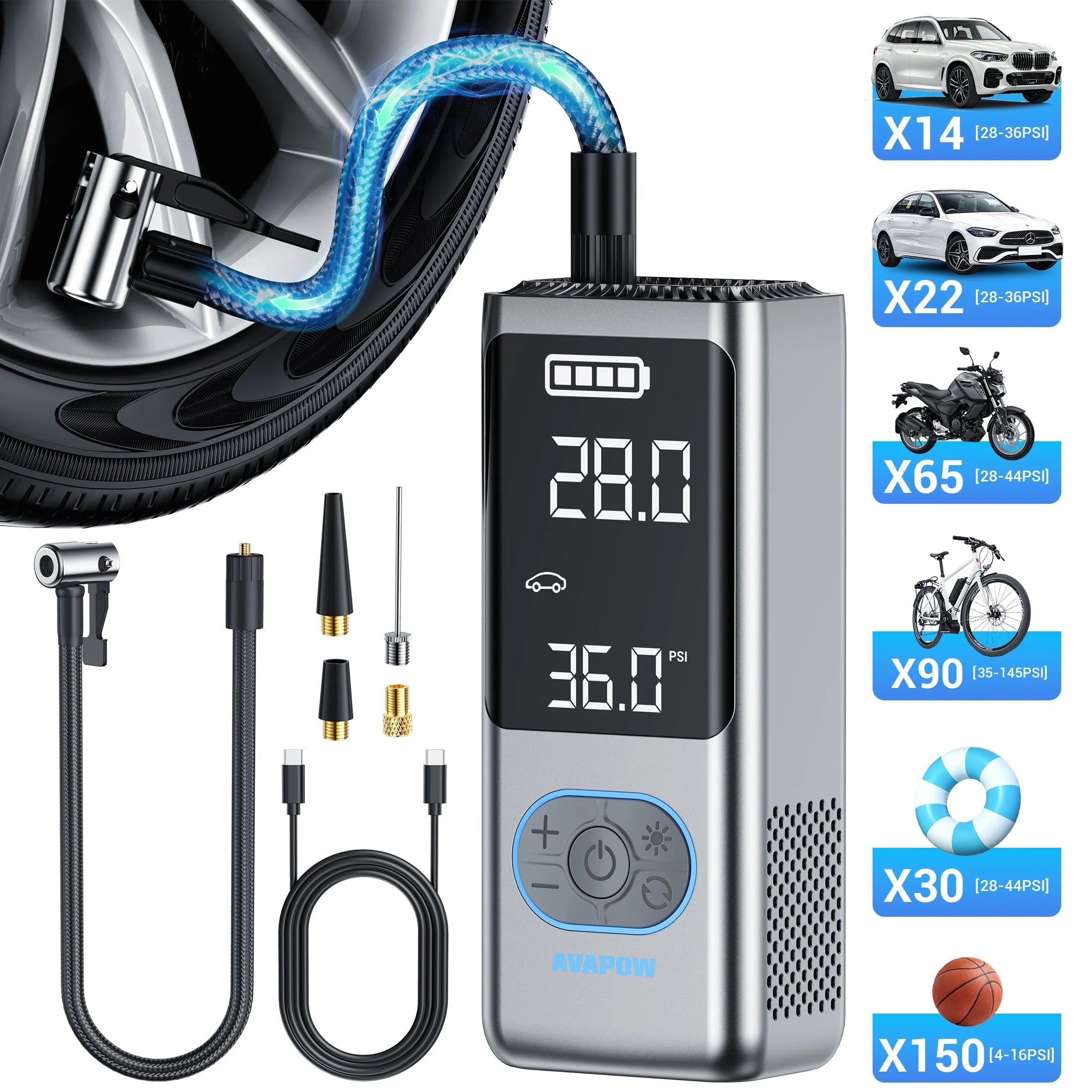 Cordless Tire Inflator Portable Air Compressor, Air Pump with Auto Shutoff, LED Light and Digital Pressure Gauge, 150PSI, 8000Mah Long Range Battery, Electric Pump for Car/Bike/Motorcycle/Ball
