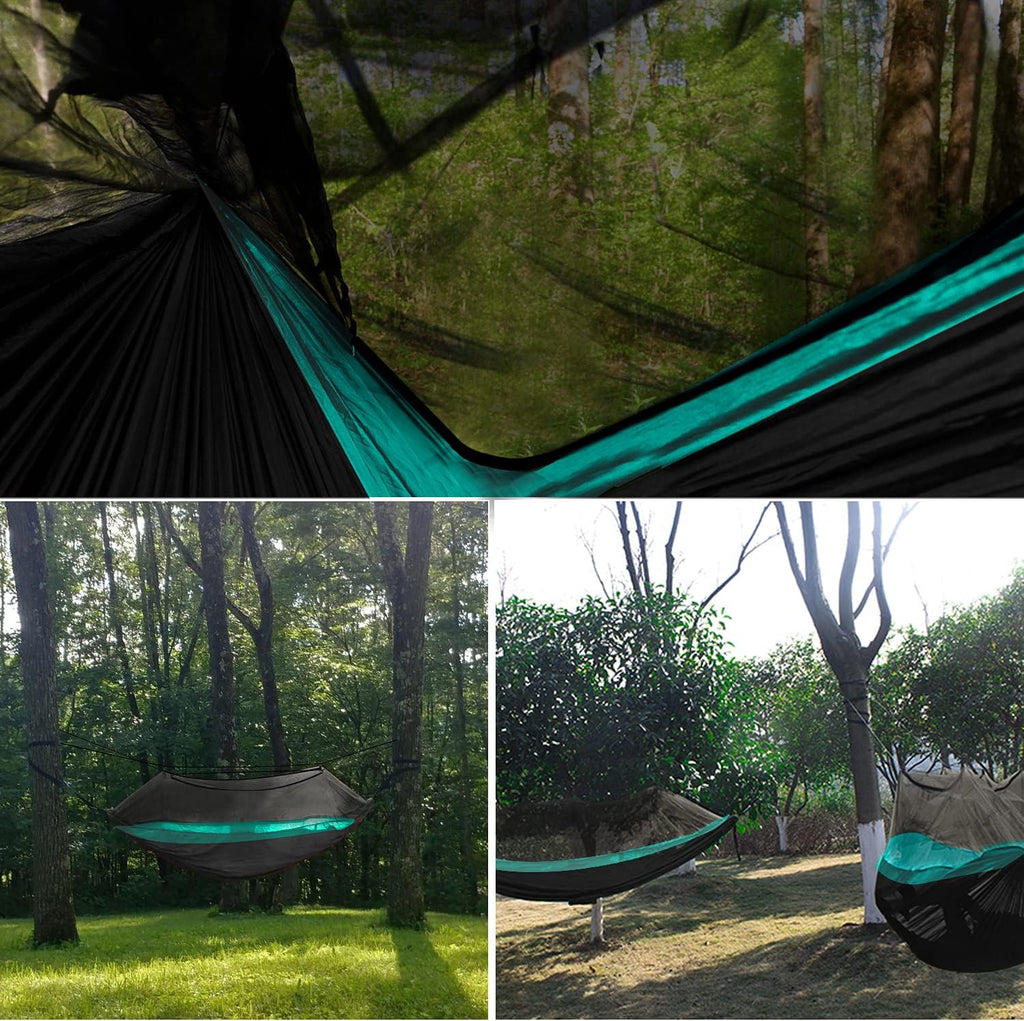 Camping Hammock - Camping Essentials, Double Hammock with Bug Net, Camping Gear Hammock for Outside, Hiking, and Travel (Black & Seafoam)