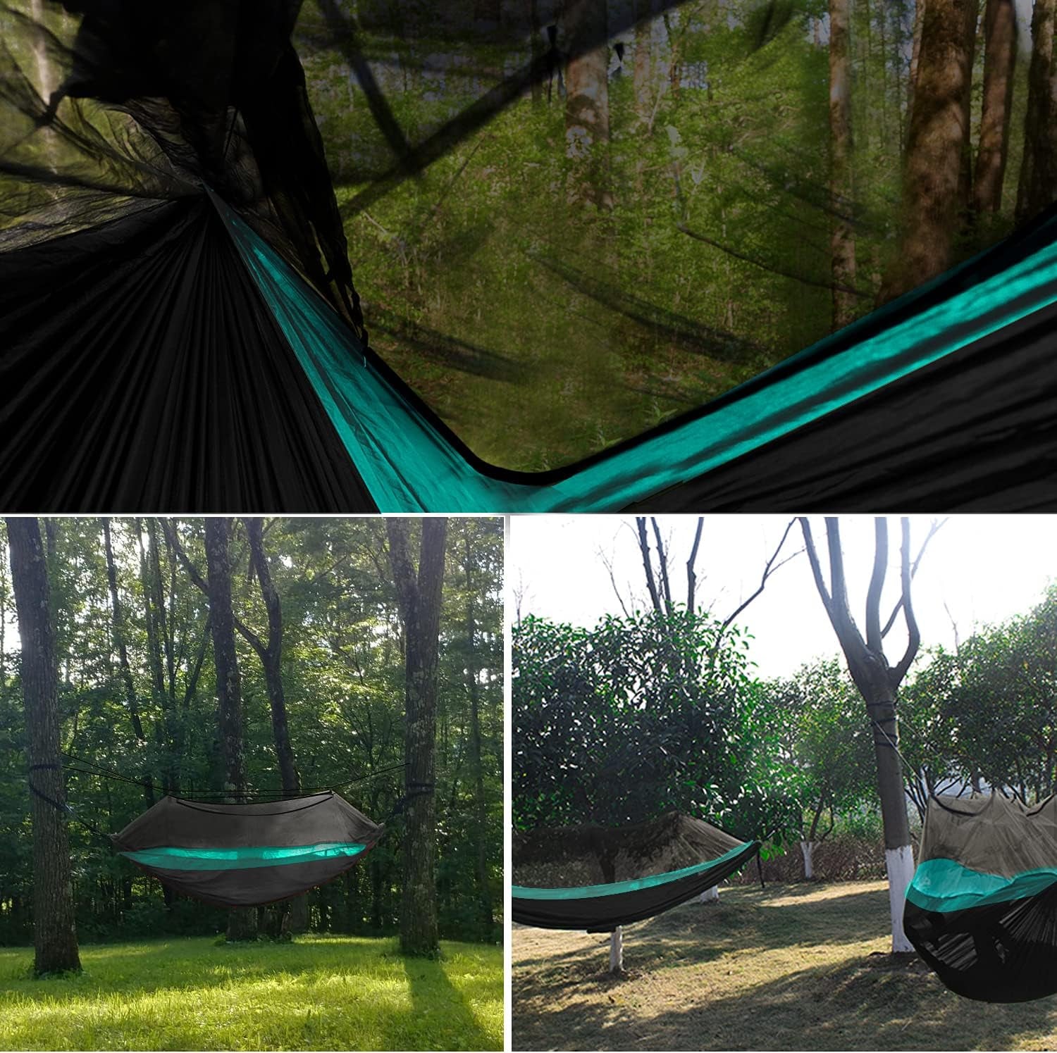 Camping Hammock - Camping Essentials, Double Hammock with Bug Net, Camping Gear Hammock for Outside, Hiking, and Travel (Black & Seafoam)