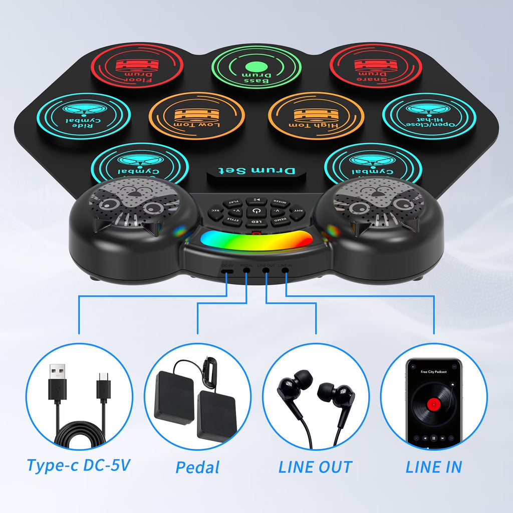 Electronic Drum Set for Kids Adults,9 Pads Portable MIDI Roll-Up Drum Kit with Dual Speakers / Headset Jack / Drumsticks / Foot Pedals,For Beginners
