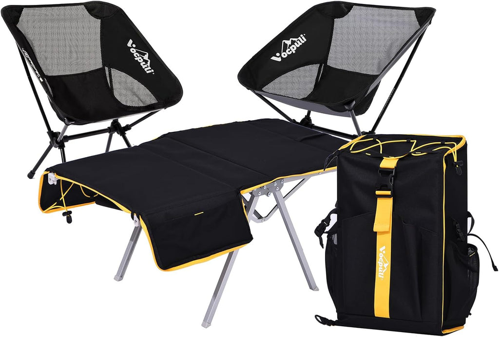 Camping Backpack - Aviation Aluminum Table Frame + 2 Folding Camping Chairs,+ Convertible Backpack Tabletop, Quick Setup&Portable,Camping Gear,Gifts for Camping, Picnic, Beach (Black)