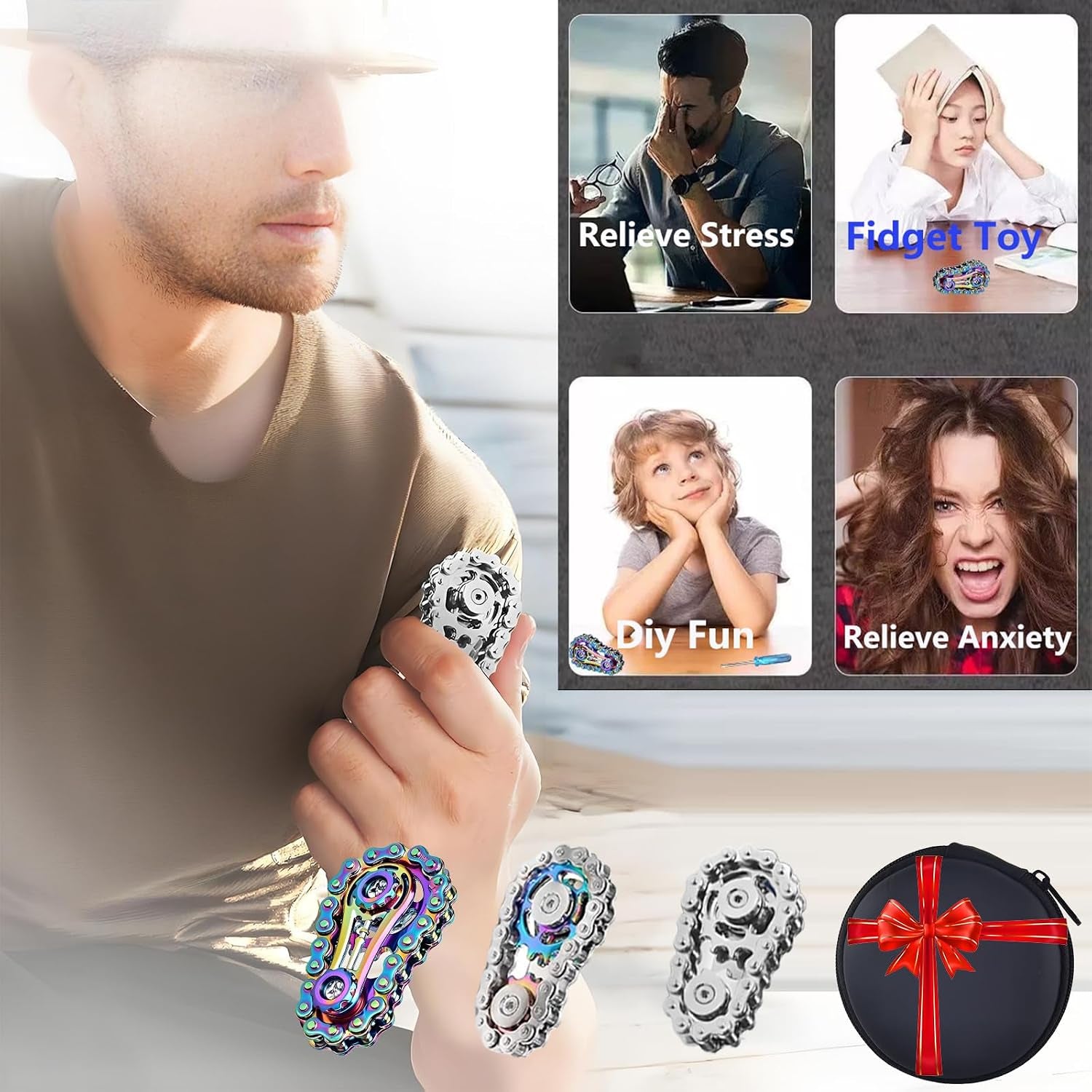 Fidget Spinners Toys for Adults & Teens - Metal Fidget Toy Bike Chain Fidget Sprocket Chain Fidgets Toy for Relief Anxiety ADHD Autism Cool Gadgets Desk Offices Gift Sensory Adult Fidget Toys（Silver）