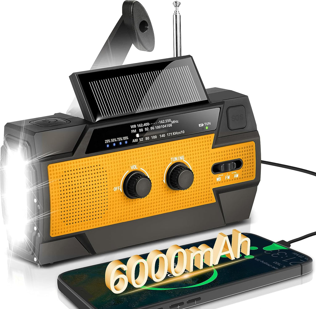 6000Mah Emergency Weather Radio, Solar Hand Crank Portable NOAA Weather Radio with 1W Flashlight & Motion Sensor Reading Lamp, Cell Phone Charger, and SOS Alarm, for Home and Emergency