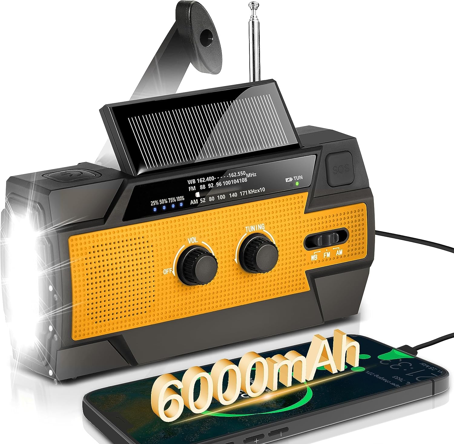6000Mah Emergency Weather Radio, Solar Hand Crank Portable NOAA Weather Radio with 1W Flashlight & Motion Sensor Reading Lamp, Cell Phone Charger, and SOS Alarm, for Home and Emergency