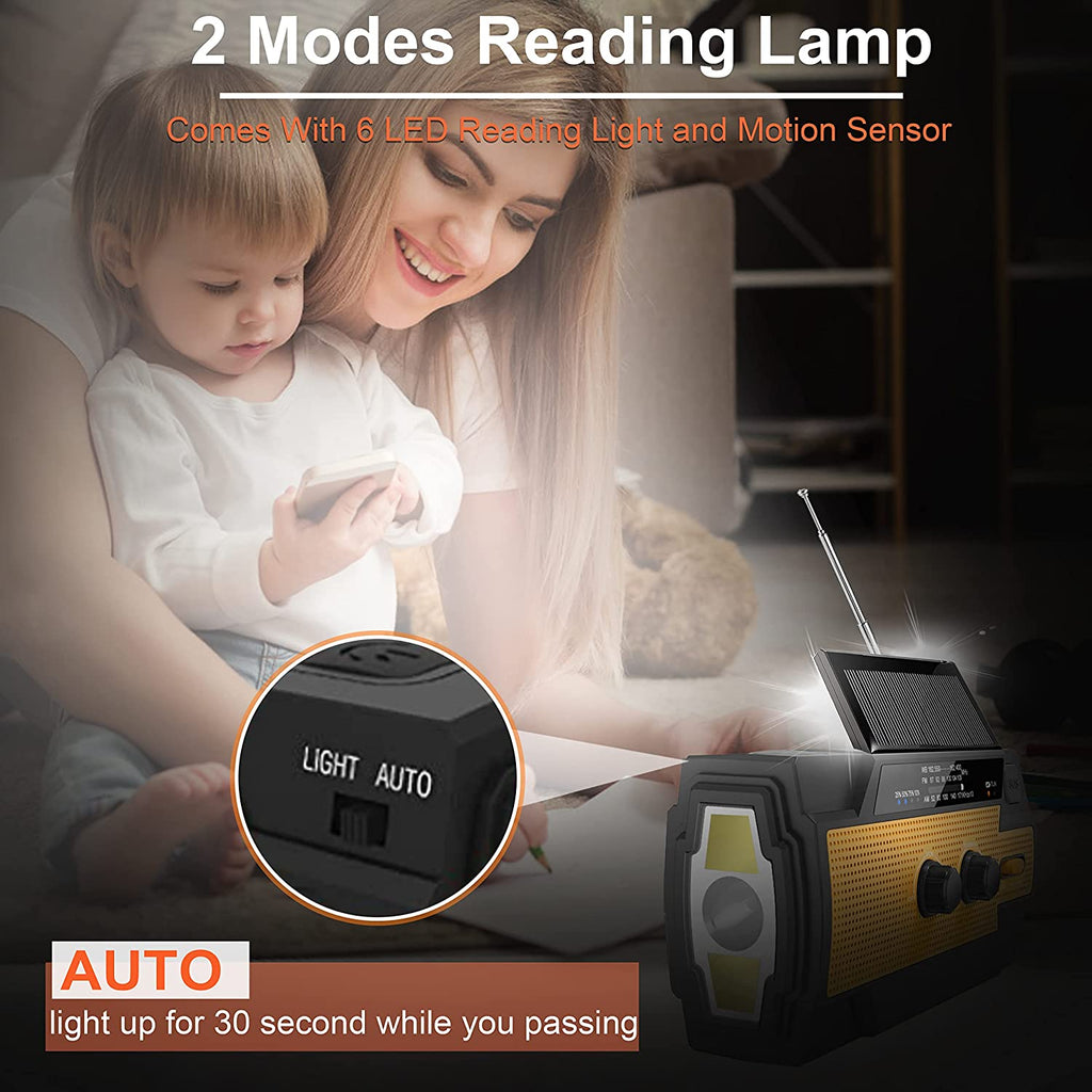 6000Mah Emergency Weather Radio, Solar Hand Crank Portable NOAA Weather Radio with 1W Flashlight & Motion Sensor Reading Lamp, Cell Phone Charger, and SOS Alarm, for Home and Emergency