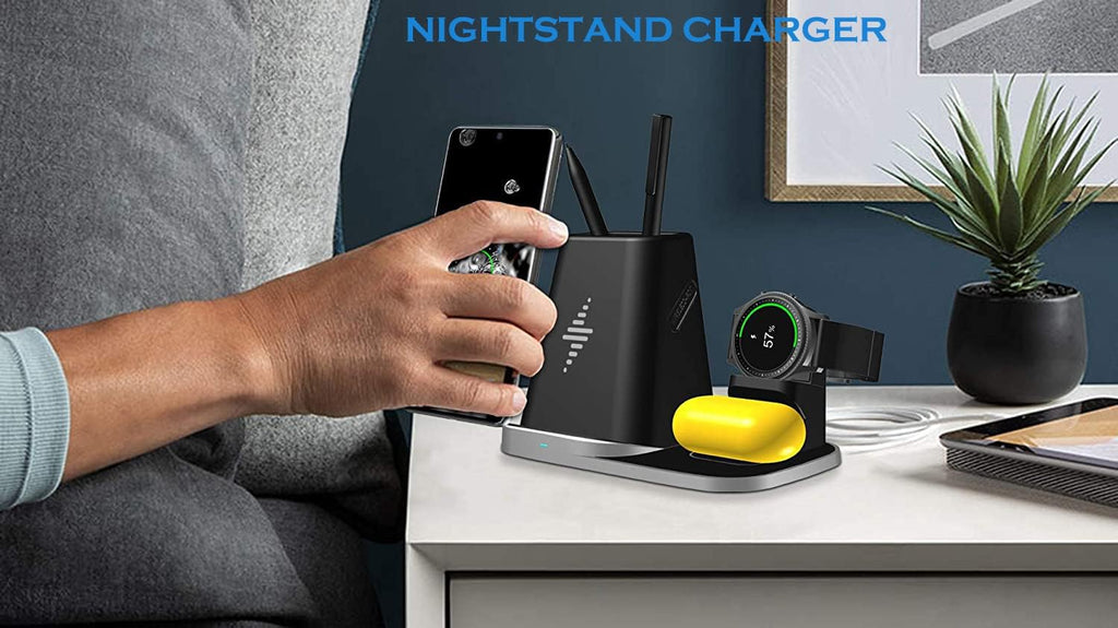 Wireless Charger 4 in 1 Qi Fast Charging Station for Multiple Devices Samsung Android Galaxy Watch 4/3,Active2,Gear S2/S3 Classic,Galaxy Buds/+/Live,Samsung S23/S22/S21/S21 Ultra/S20/S10/S7/Z Fold 3